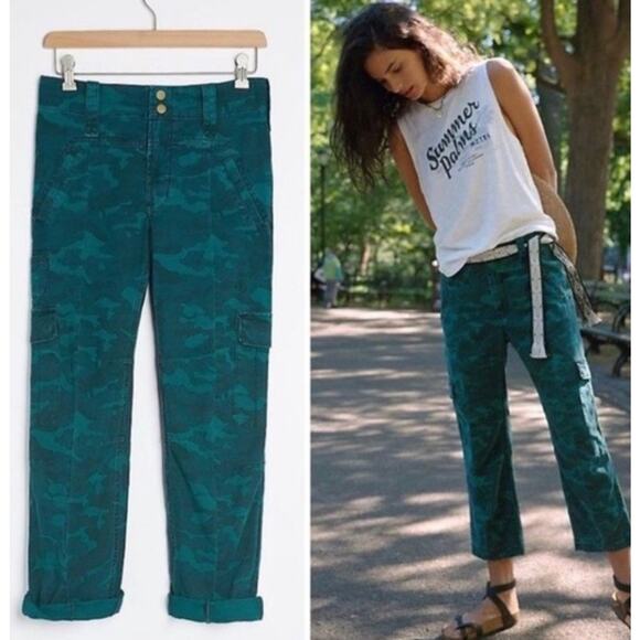 Anthropologie Austin Cargo Pants Women 31 Teal Blue Green Camo Crop Utility - Picture 1 of 15